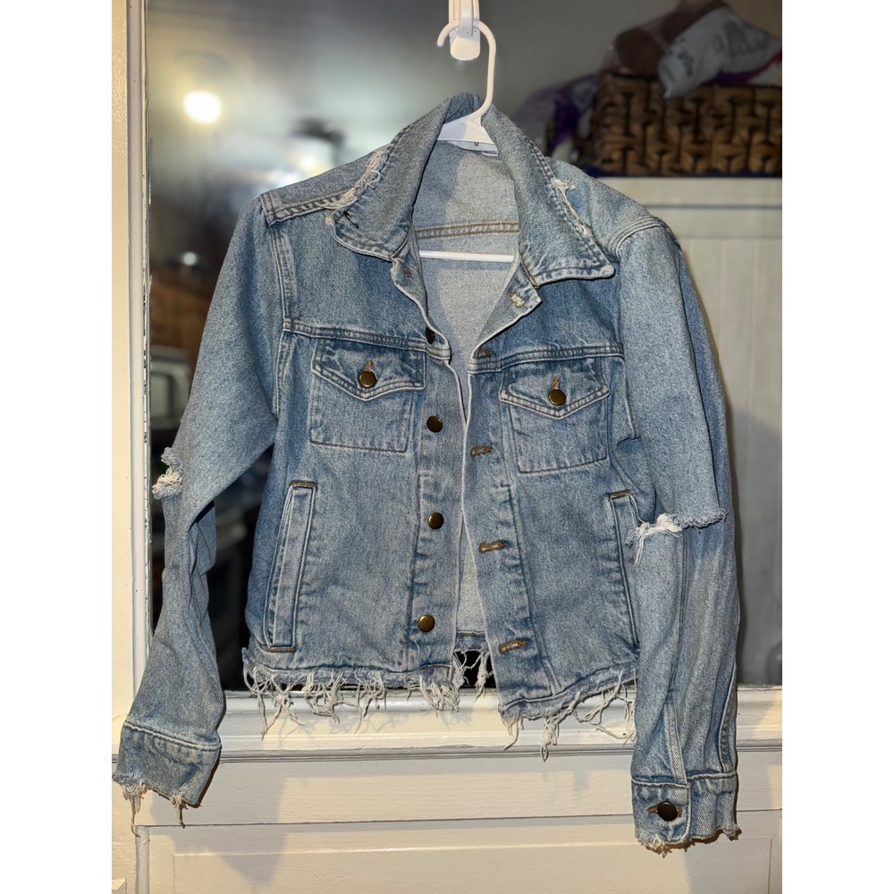 High Heels Suicide Denim Jacket Distressed Frayed Hem Light Wash Medium